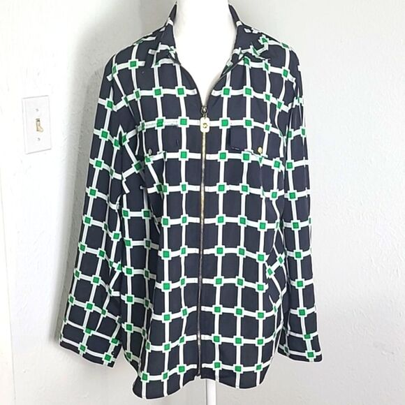 Michael Kors Navy, Green & White Print Jacket/Blouse, Zips Down Front, Size 1X - Picture 1 of 13